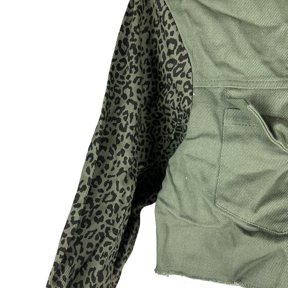 Simplee Womens Cropped Jacket With Leopard Print Sleeves Size M Green - Picture 2 of 9
